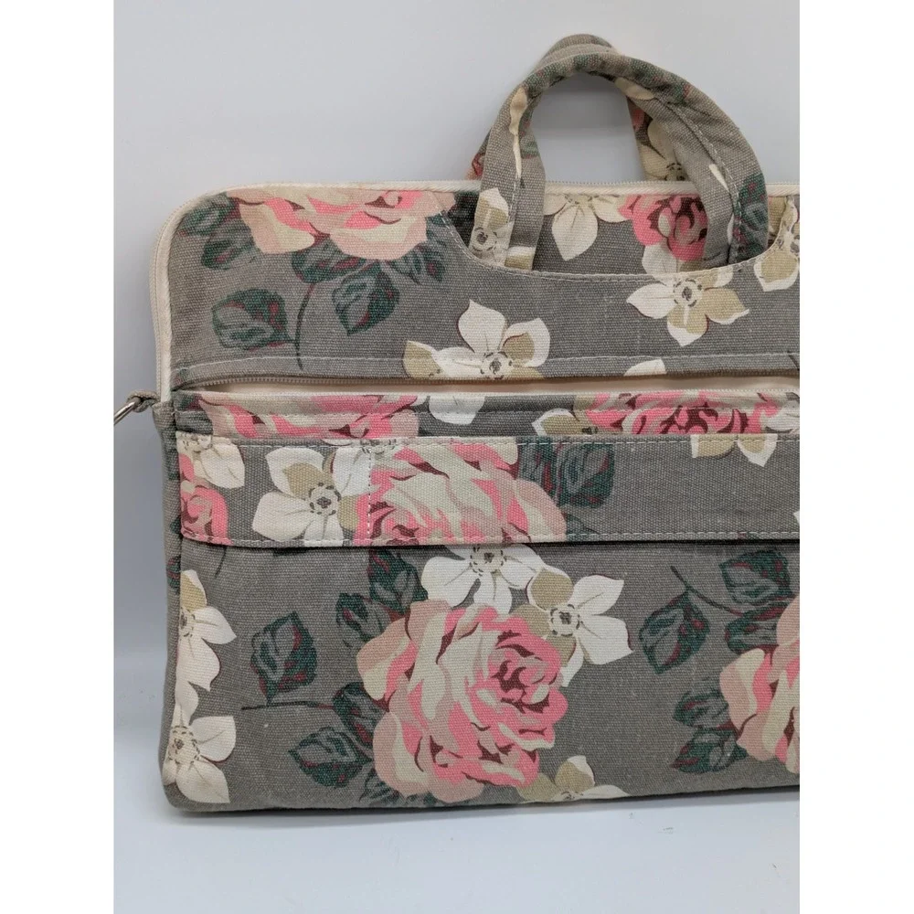 Canvaslife Floral Laptop Bag 16x12 Gray Pink Rose Canvas Shoulder Briefcase